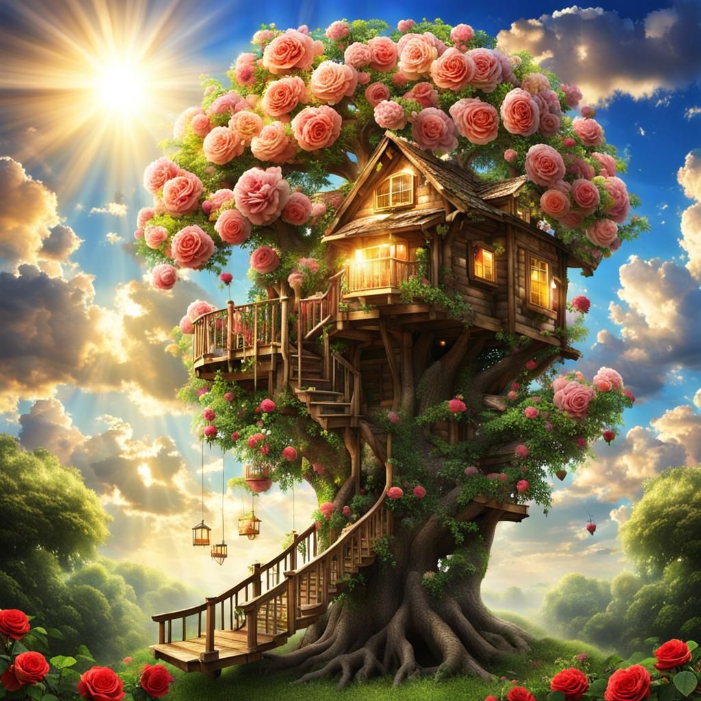 Enchanted Treehouses Under a Shiny Sun