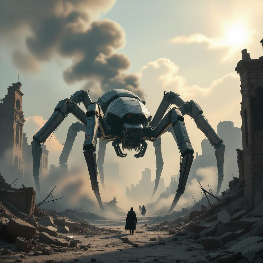 Cybernetic War Spider in Ruined City