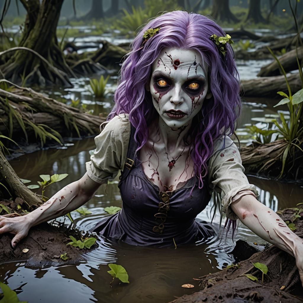 Cute Zombie Girl Climbing from Swamp Grave