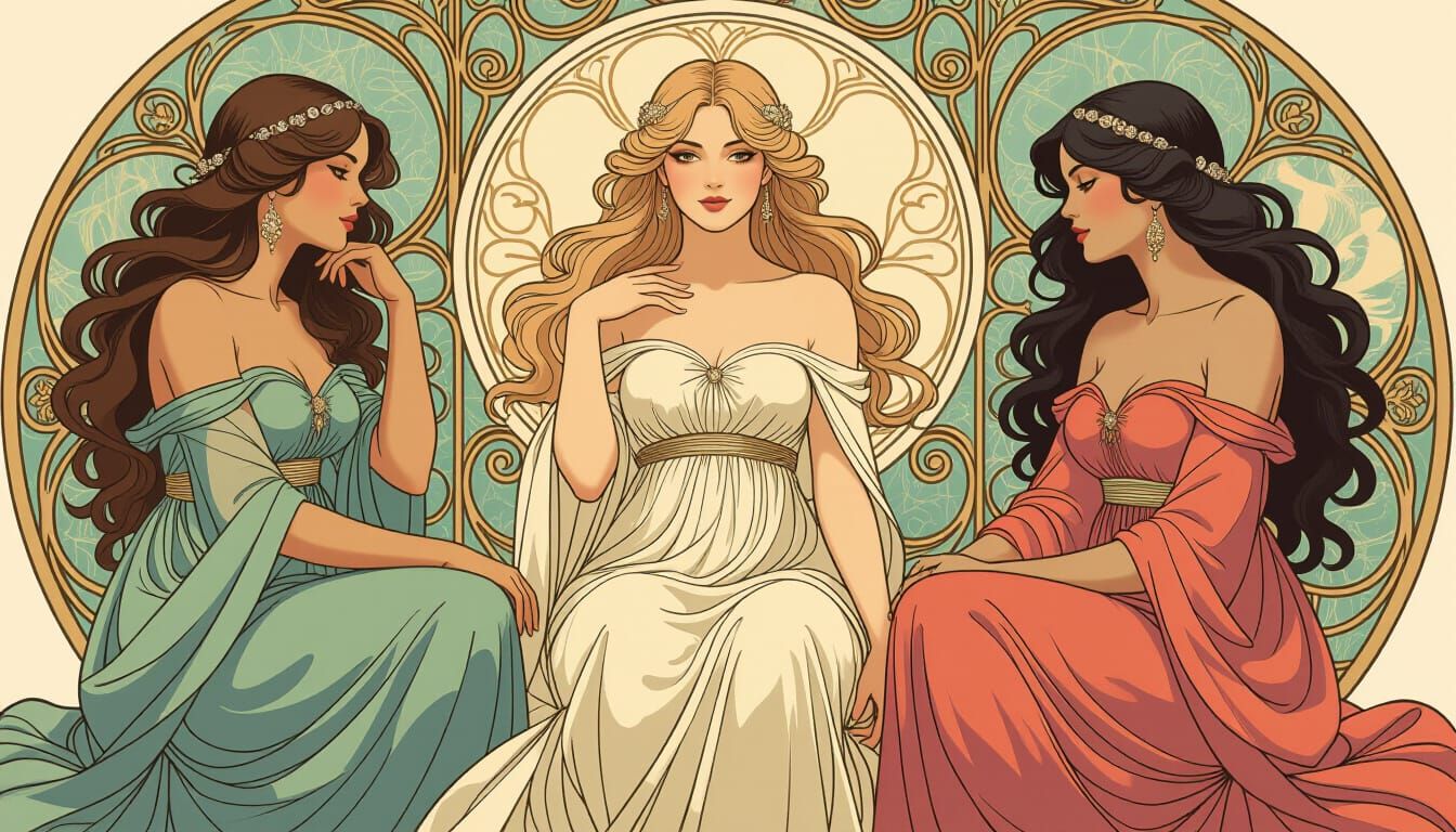 Ethereal Women in Flowing Gowns, Art Nouveau Style
