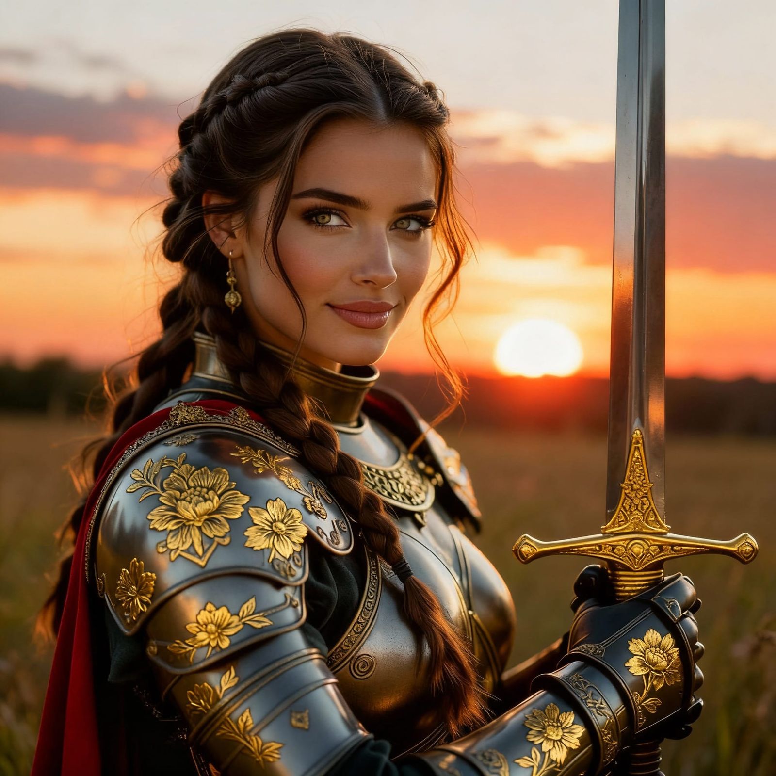 Stunning Warrior Woman in Armour at Sunset