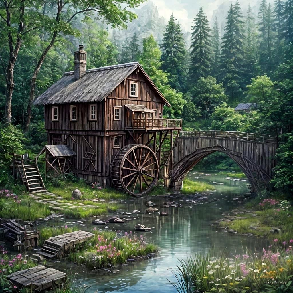 Charming Cottage with Water Mill in Ink Painting Style