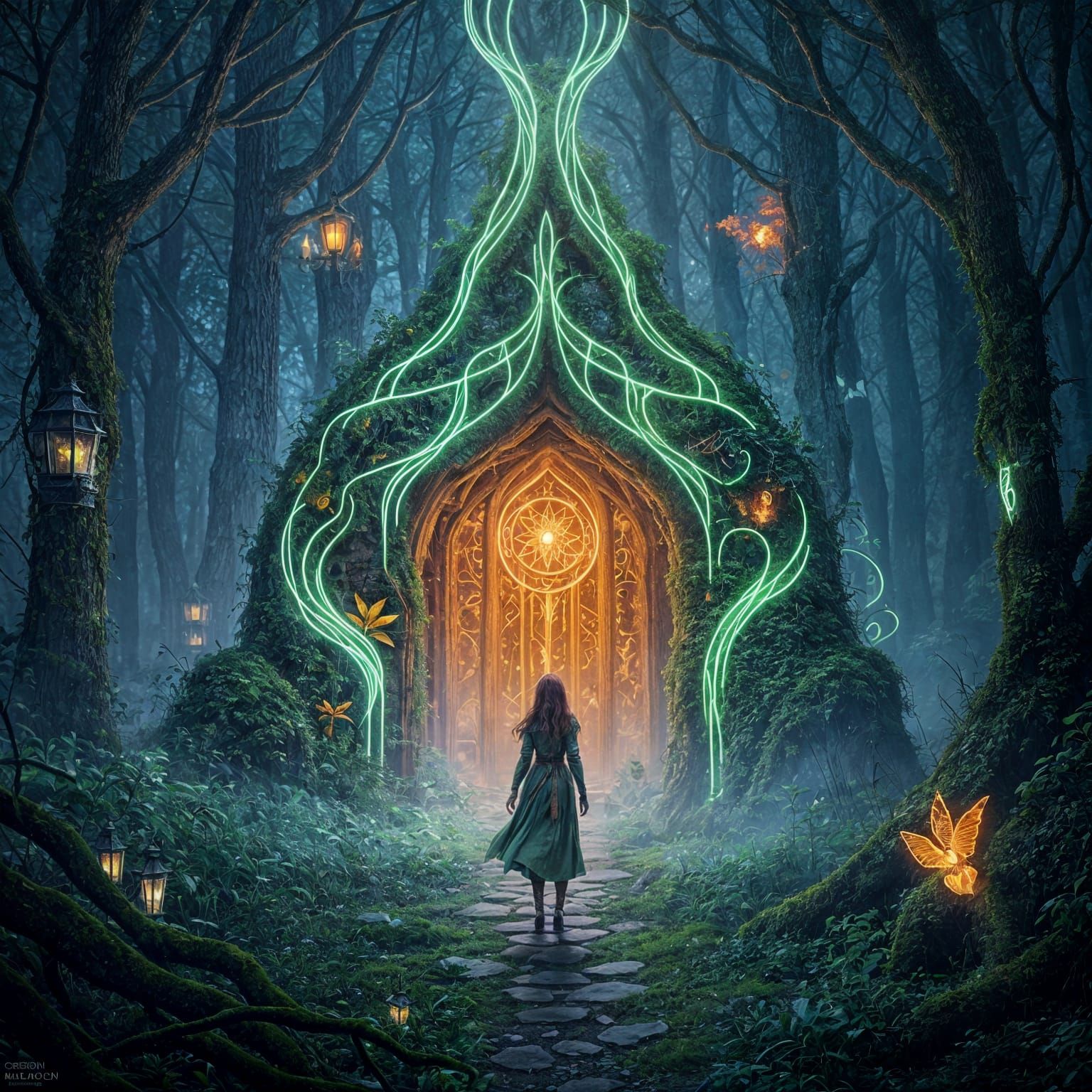 Neon Forest Gate in Fairy Tale Setting