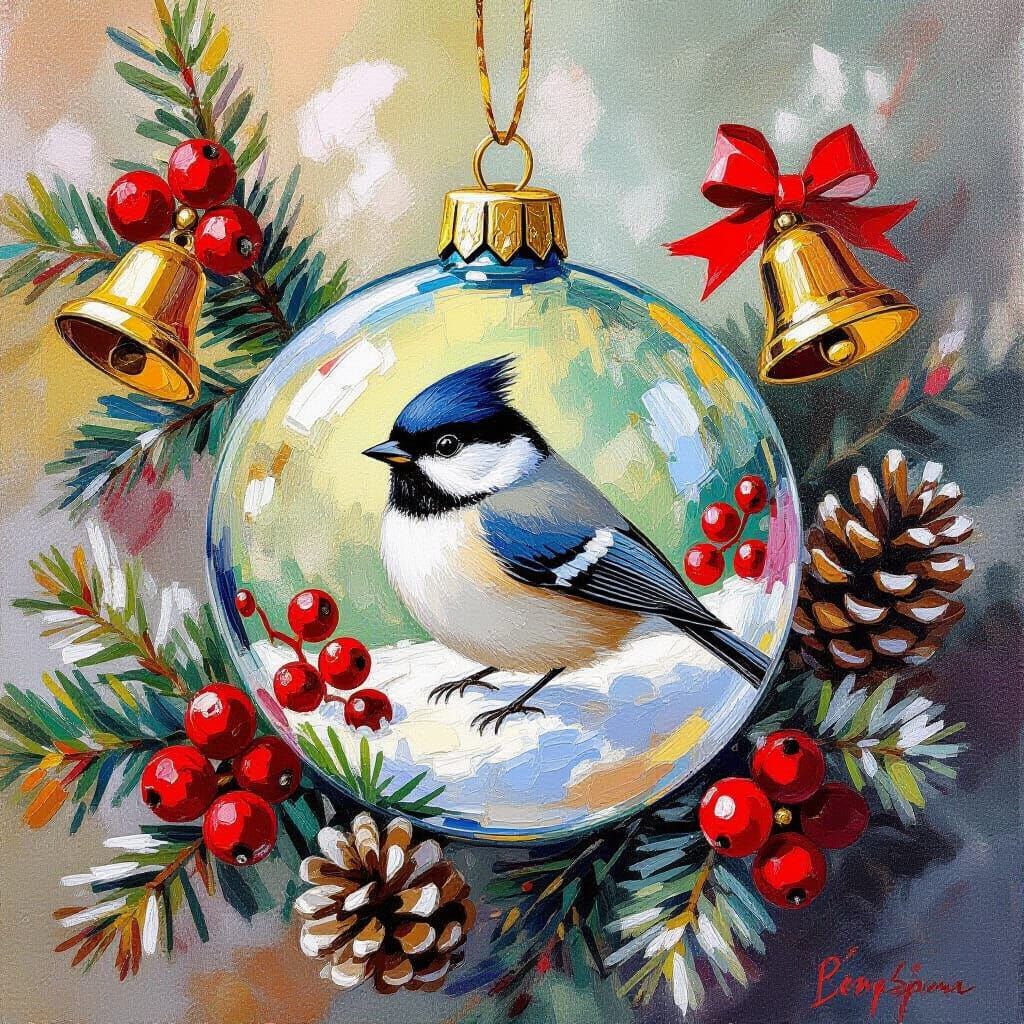 Neo-Impressionist Christmas Ornament Painting with Titmouse