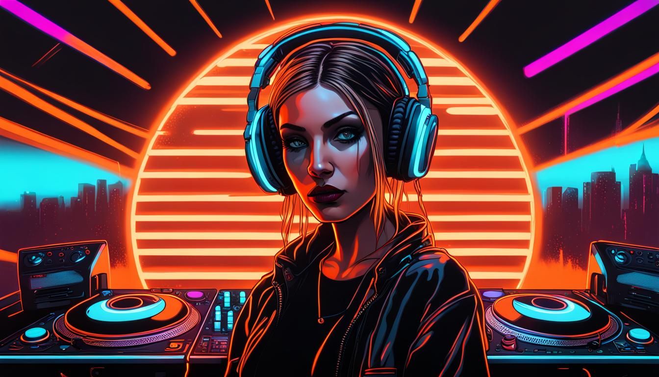 Cyberpunk DJ in Front of Neon Sun
