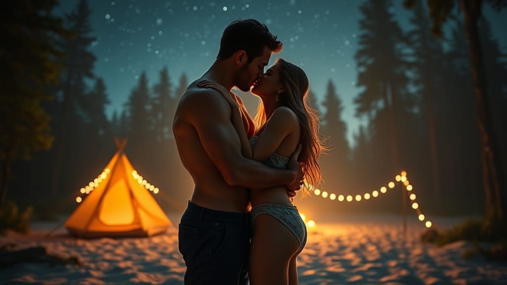 Lovers Embrace in Starry Forest: Hyperrealistic Fantasy Art