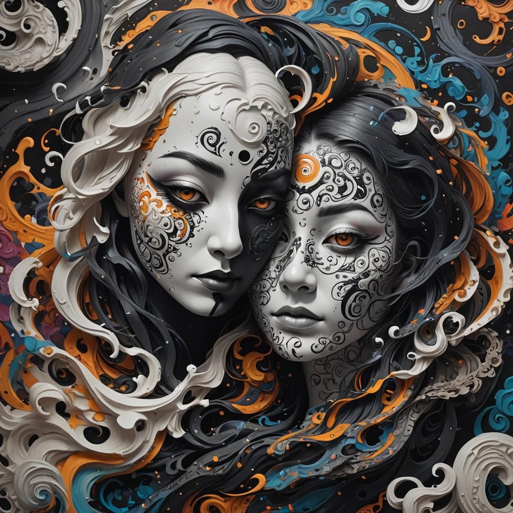 Ghost and Darkness Yin Yang: Hyperrealistic Splash Art