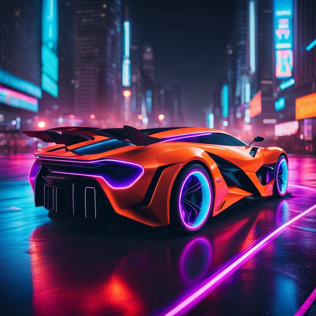 Futuristic Supercar in Neon City at Night