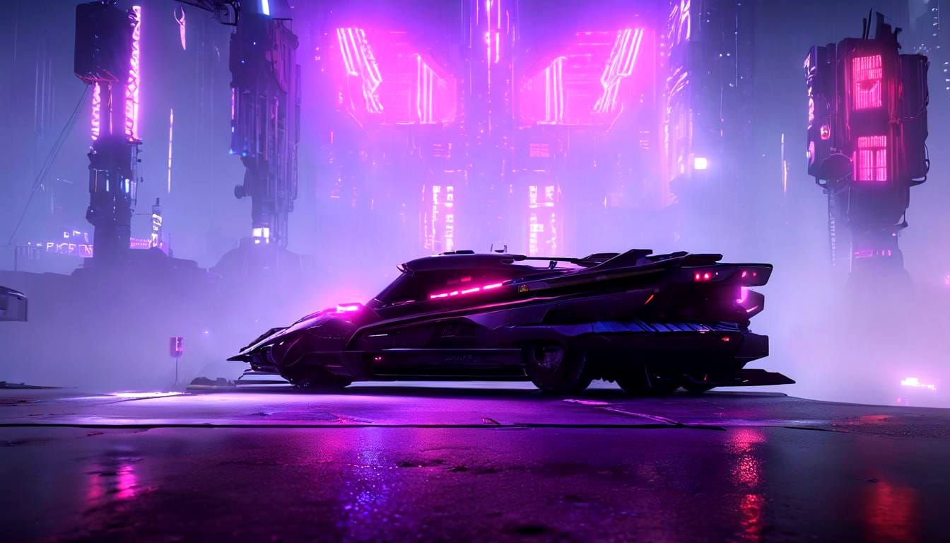 Cyberpunk Batmobile in a Neon Gothic City