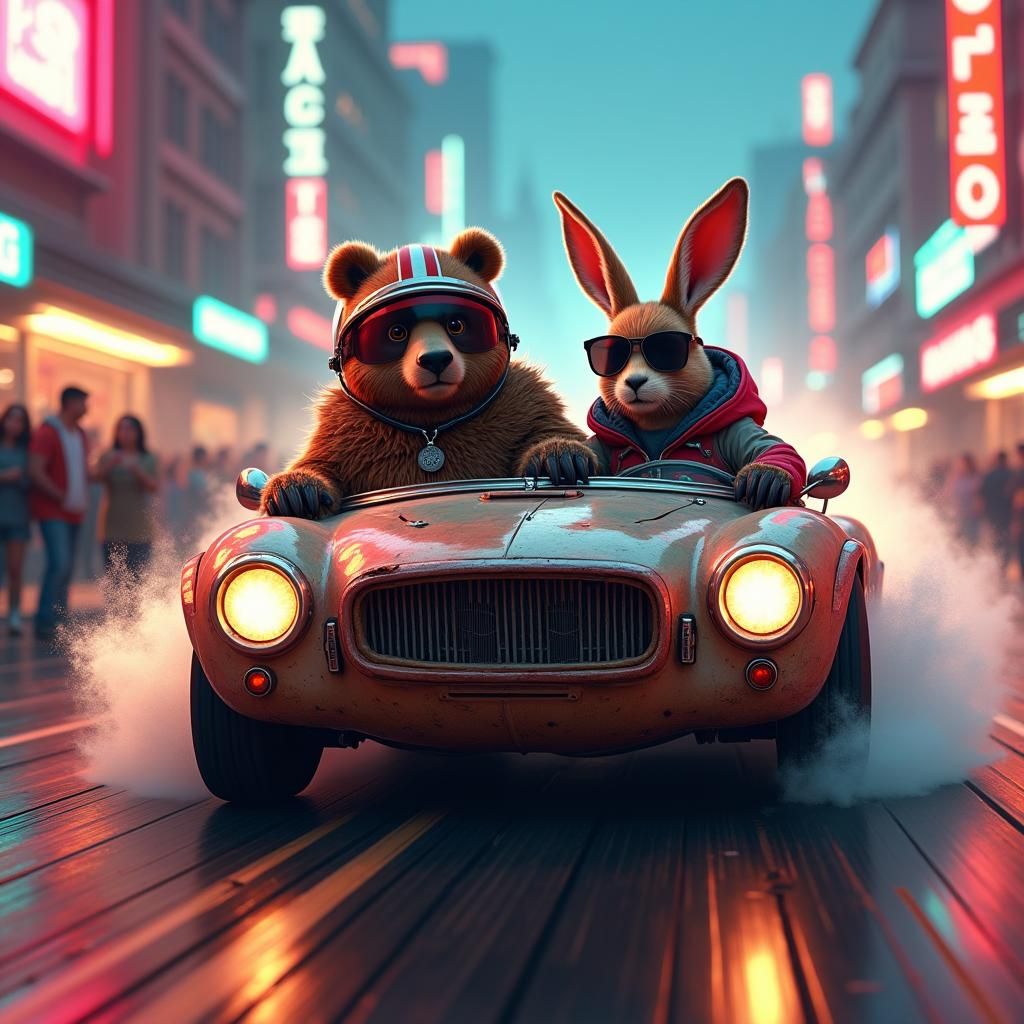 Bear and Hare Race in Russian Lada, Detailed Matte Painting
