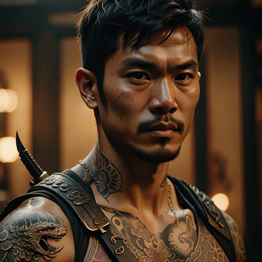 Vietnamese Warrior with Dragon Tattoo in Epic Cinematic Styl...