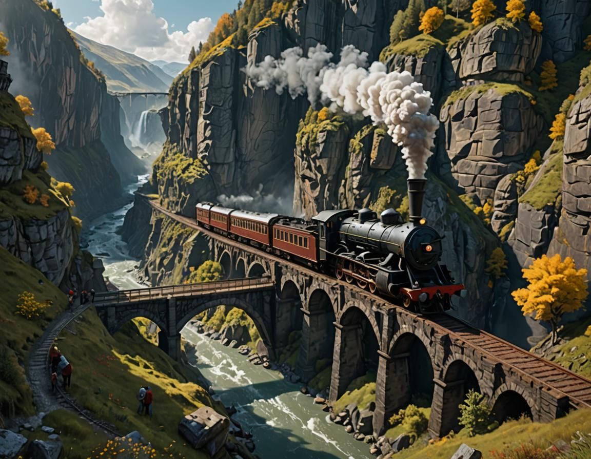 Steam Train Journey Through Gorge: Fantasy Concept Art