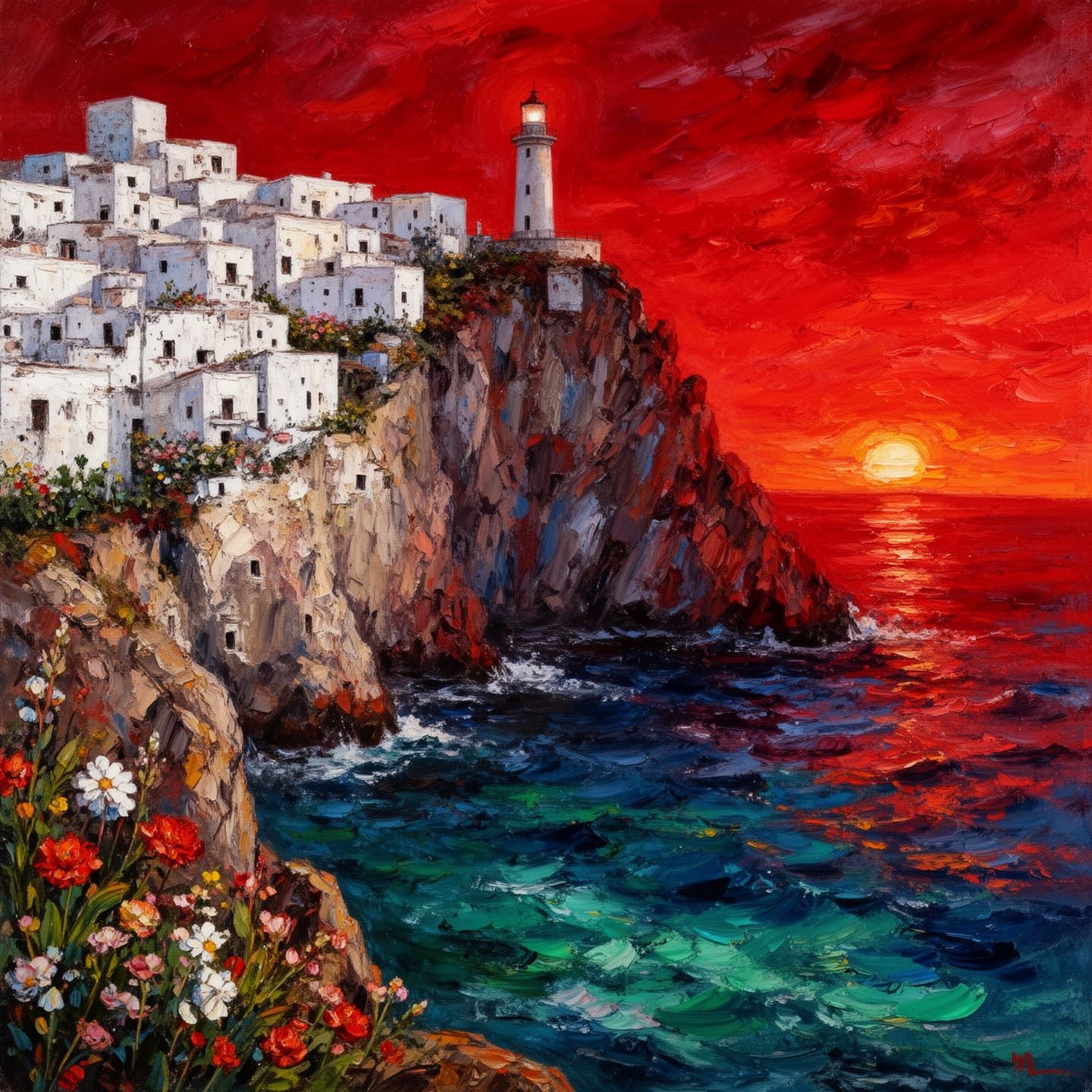 Coastal Village at Crimson Sunset in Expressionist Style