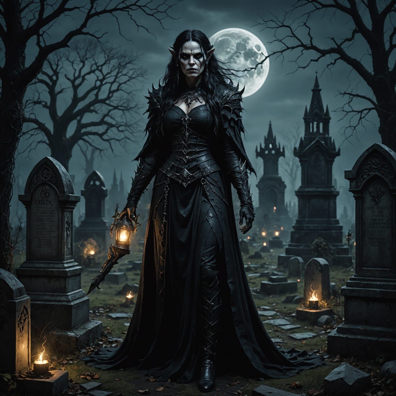 Gothic Orc Woman in Moonlit Graveyard