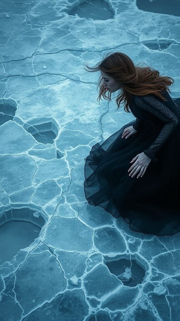 Woman in Black Dress Crawling on Ice