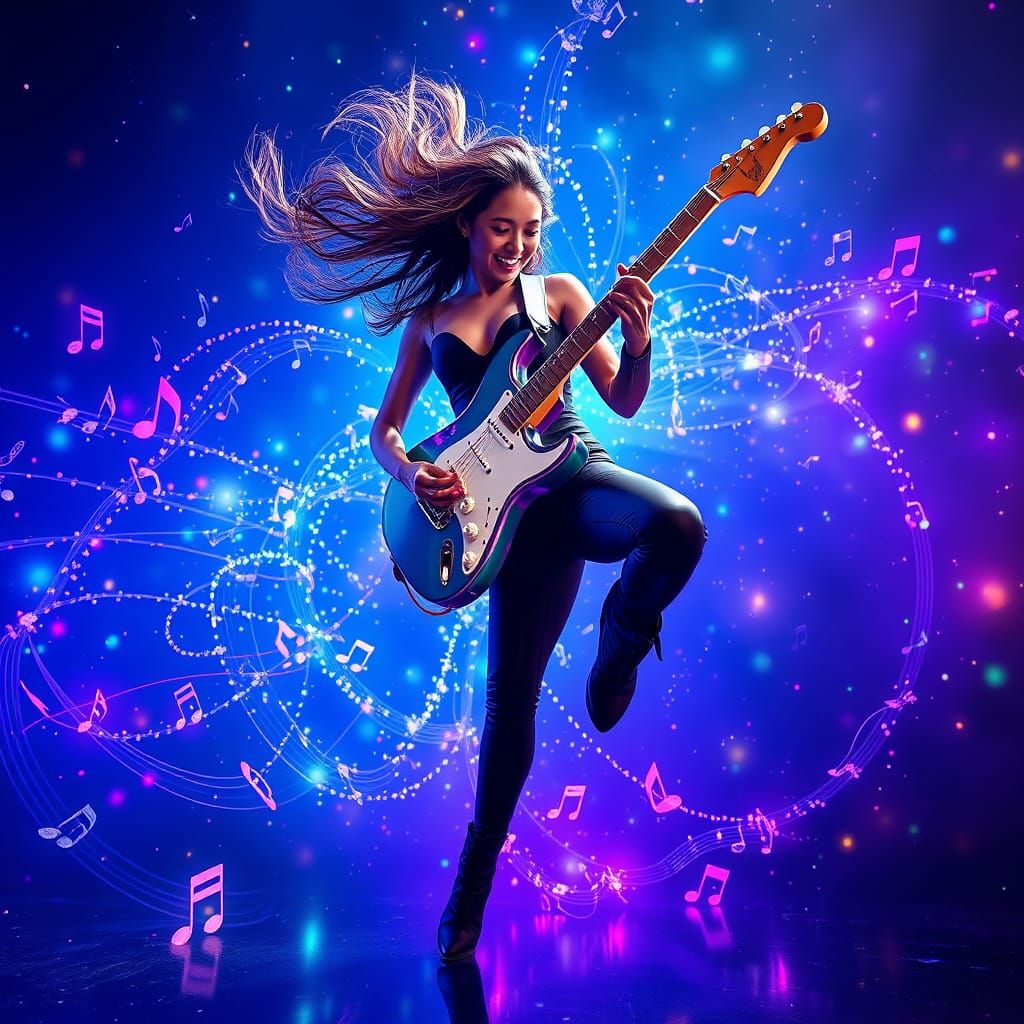 Joyful Guitarist Somersaults Amidst Exploding Musical Notes