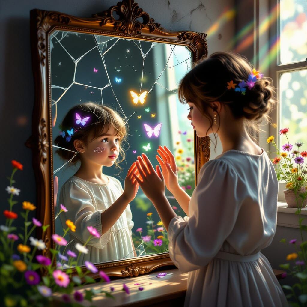 Woman Sees Inner Child in Cracked Mirror