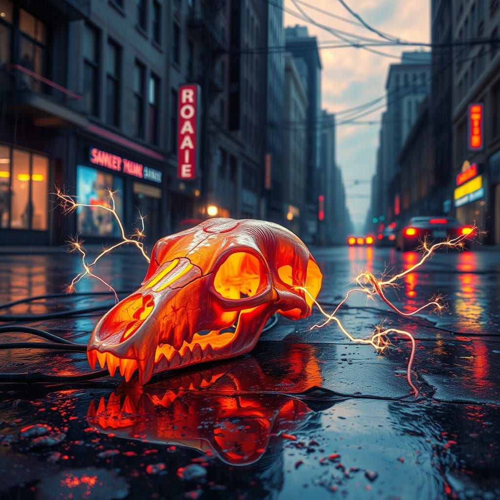 Glowing Fox Skull on Neon City Street