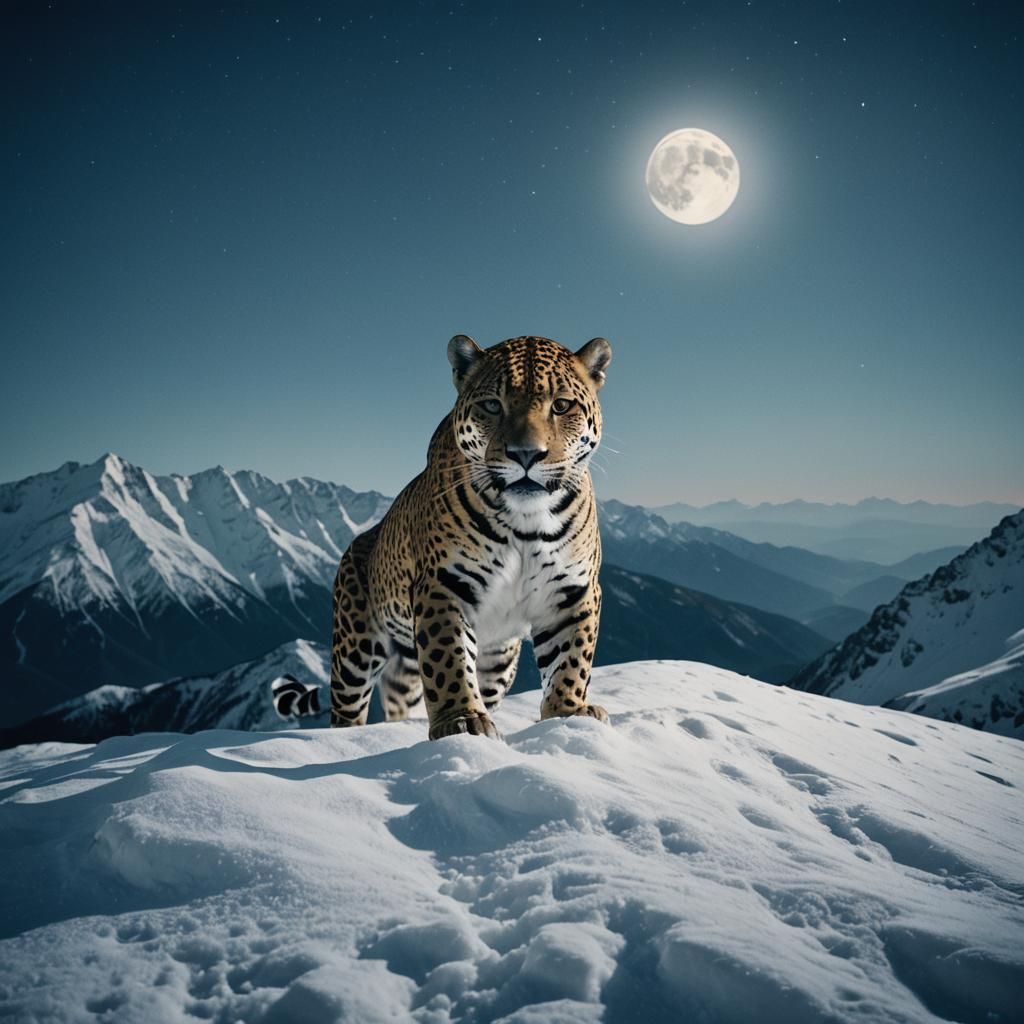 Jaguar on Snowy Mountain Under Full Moon