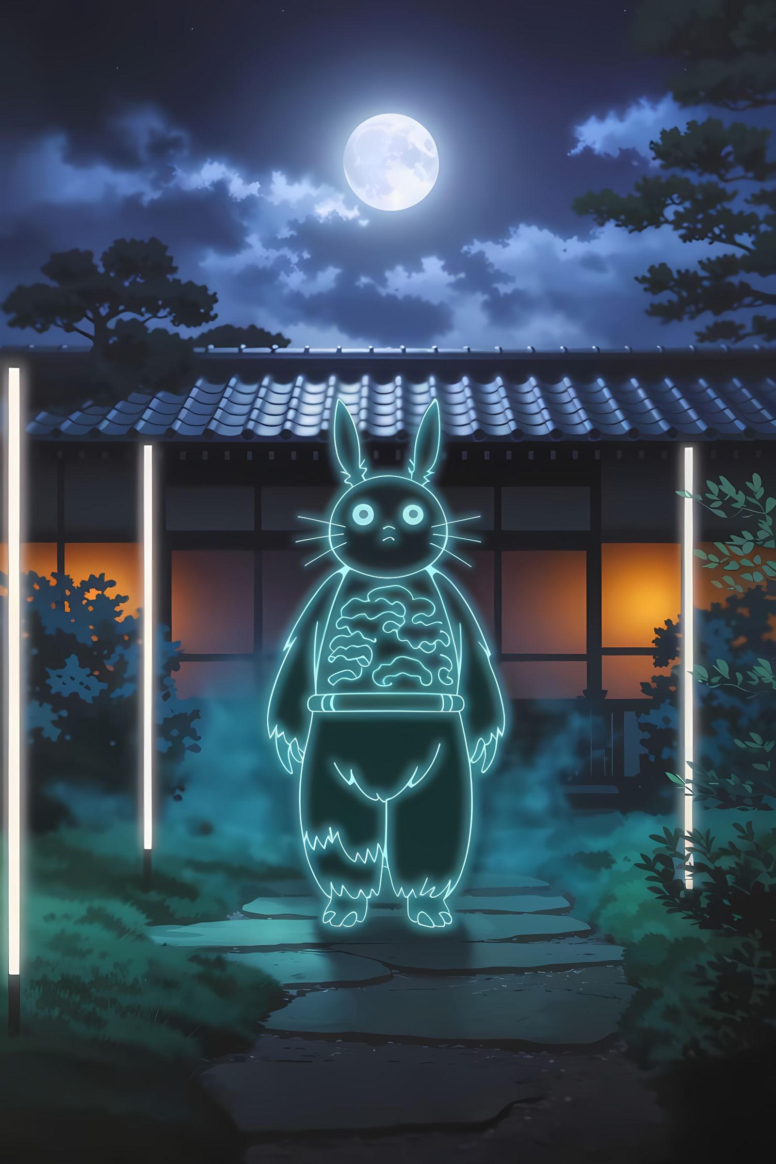 Ethereal Totoro Spirit in a Haunting Japanese Garden Scene