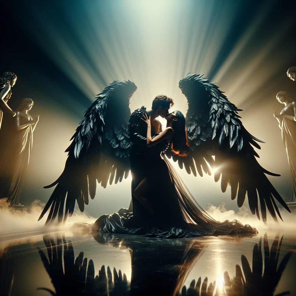 Woman with Black Angel Wings Kissing Statue