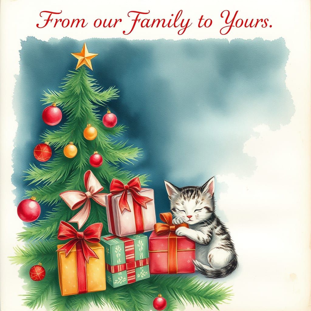 Cozy Vintage Christmas Scene with Sleeping Kitten