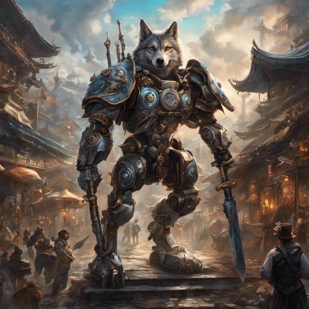 Robot Wolf Warrior in Steampunk Japan