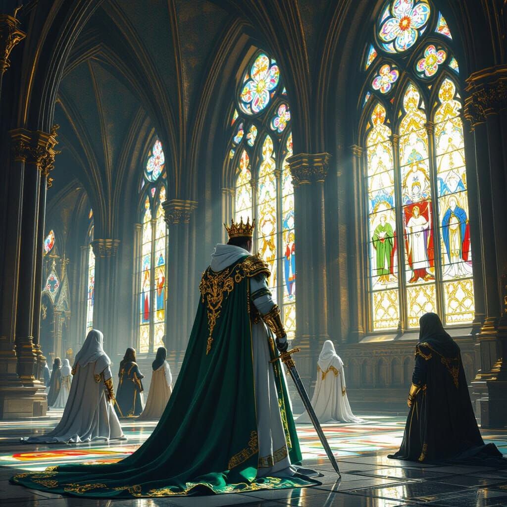 King in Gothic Cathedral with Stained Glass Windows