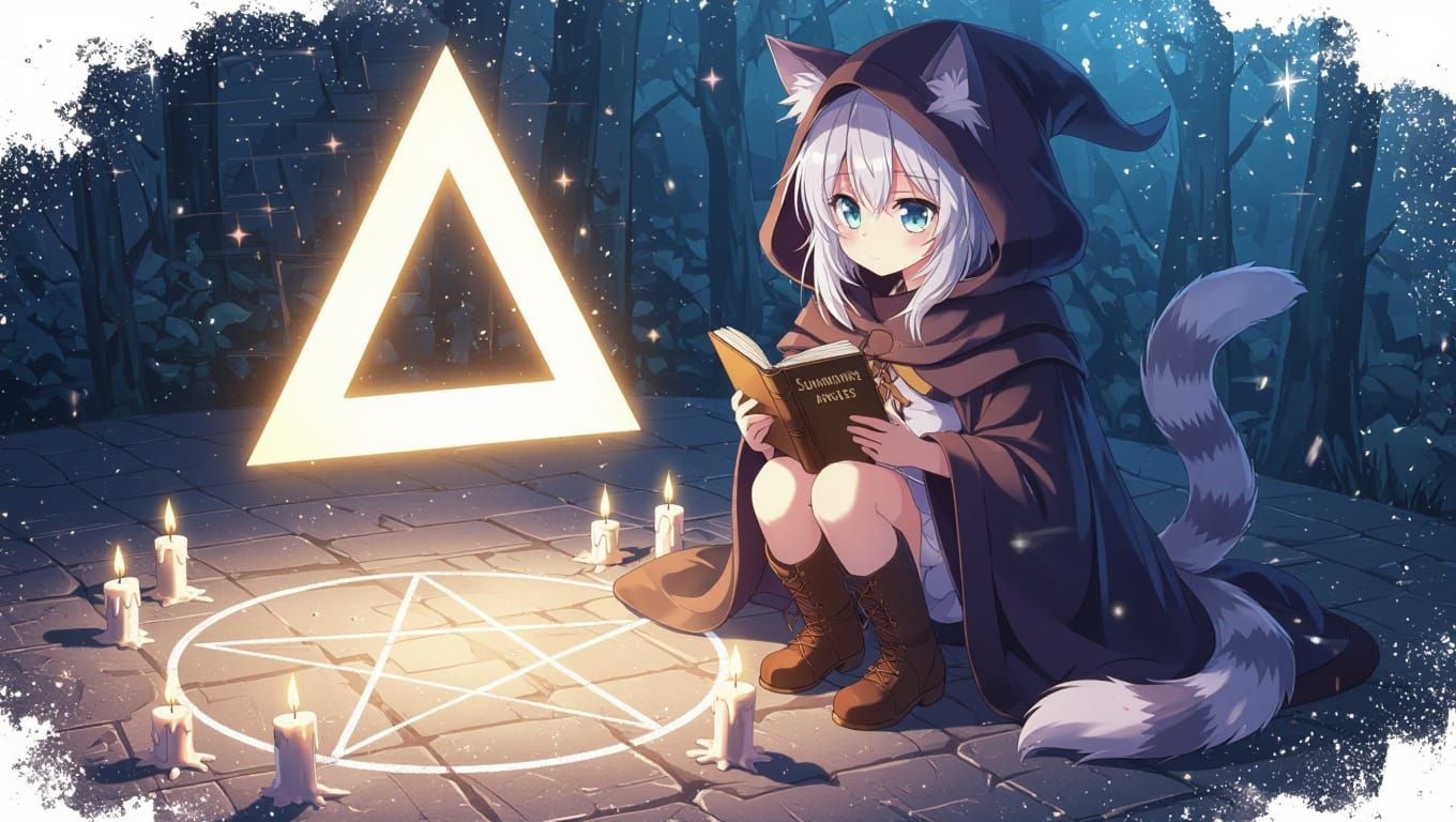 Surreal Anime Cat Girl Conjures Mystical Geometry
