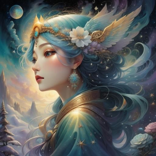 Sorceress in Pine Forest with Abstract Clouds