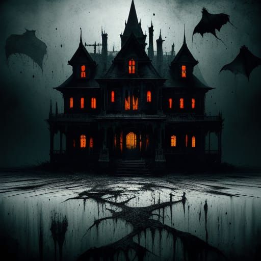 Haunted House in Vibrant Ink Splatter Art