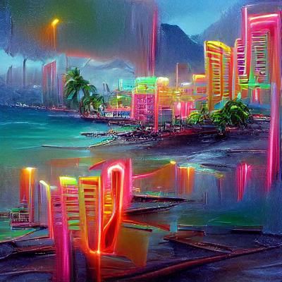 Tropical Neon City as Oil Painting