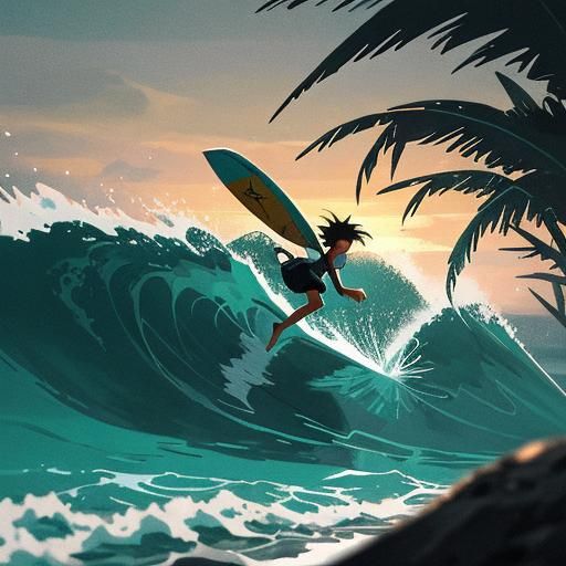 Humanoid Duckling Surfing at Tropical Beach