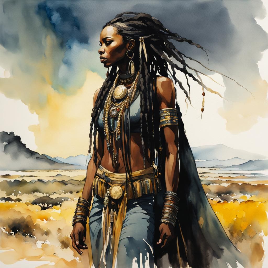 Goddess-Like African Warrior in Watercolor and Ink