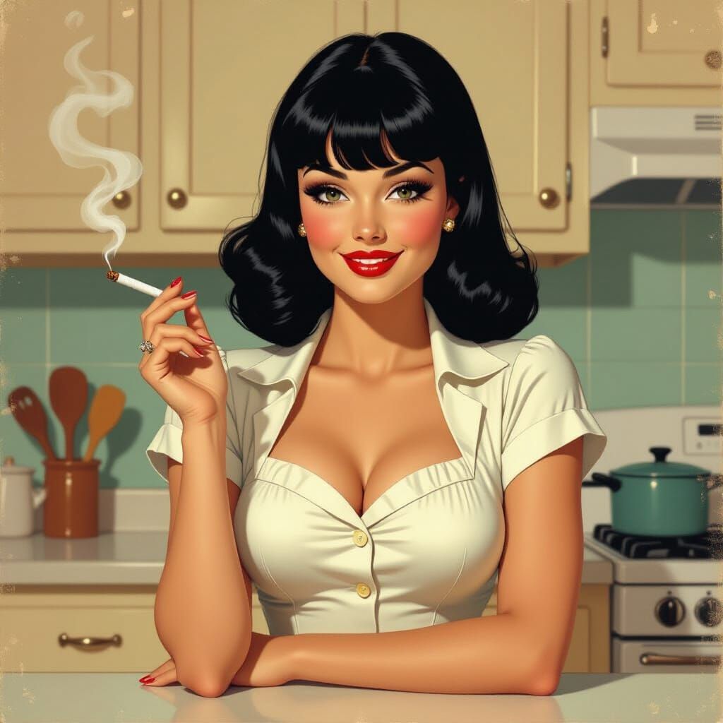 1950s Housewife Smirks with Cigarette in Retro Kitchen
