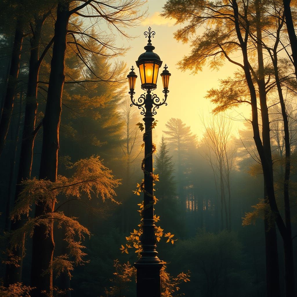 Ornate Lamppost in Forest, Classic Oil Painting