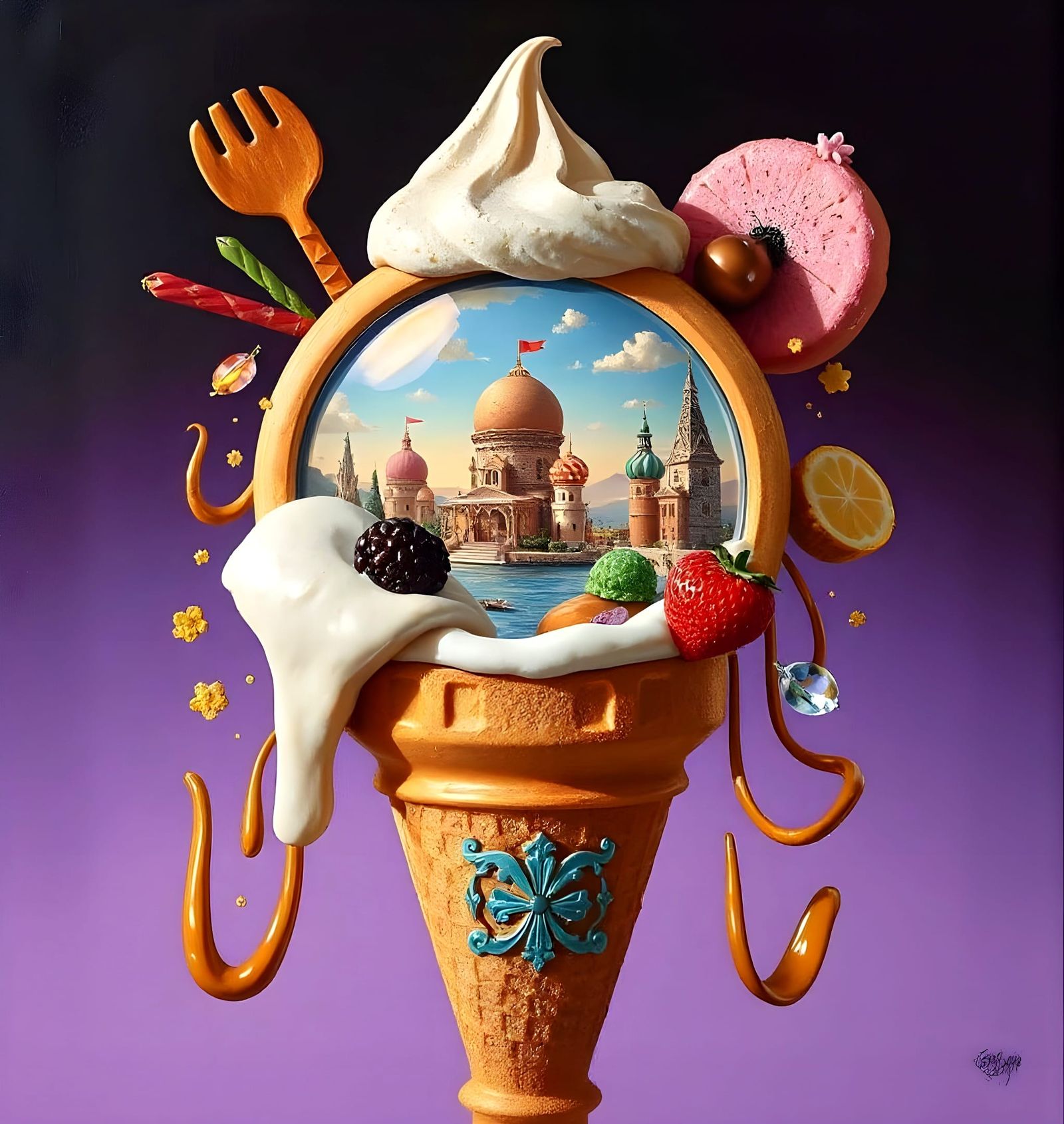 Surreal Ice Cream Cone with Sweet Landscapes, Oil Painting
