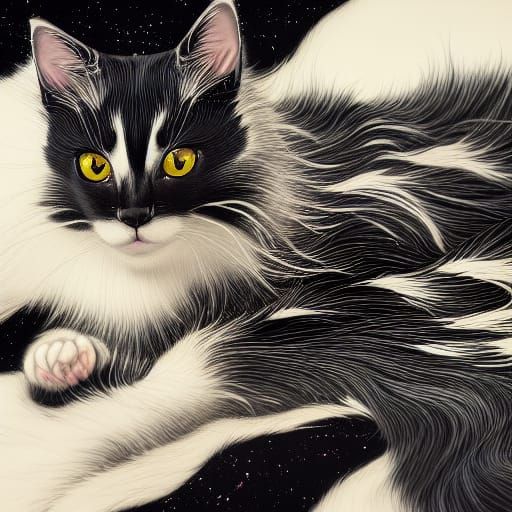 Black Gold White Cat in Japanese Print Style