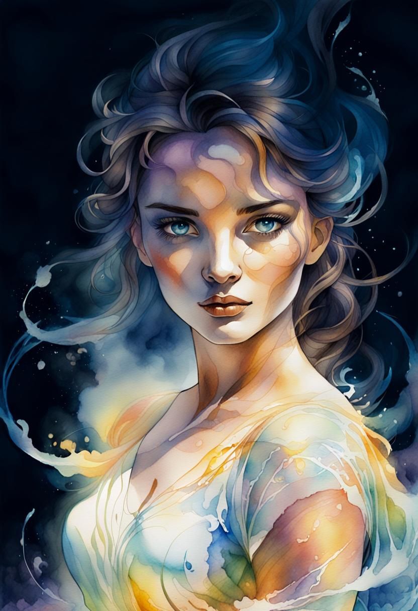Enchanting Female Portrait in Watercolor Fantasy Art