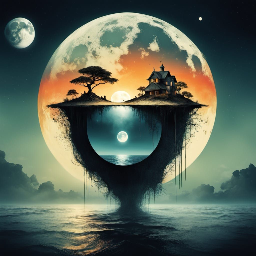 Surreal Sumi-e Moonscape with Earth Double Exposure