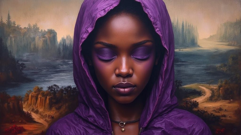 African Mona Lisa in Purple Hues, Hyper-Realistic Oil Painti...