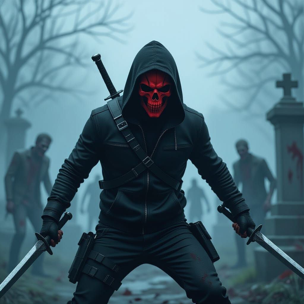 Hooded Figure Battles Zombies in Gritty Cemetery Art
