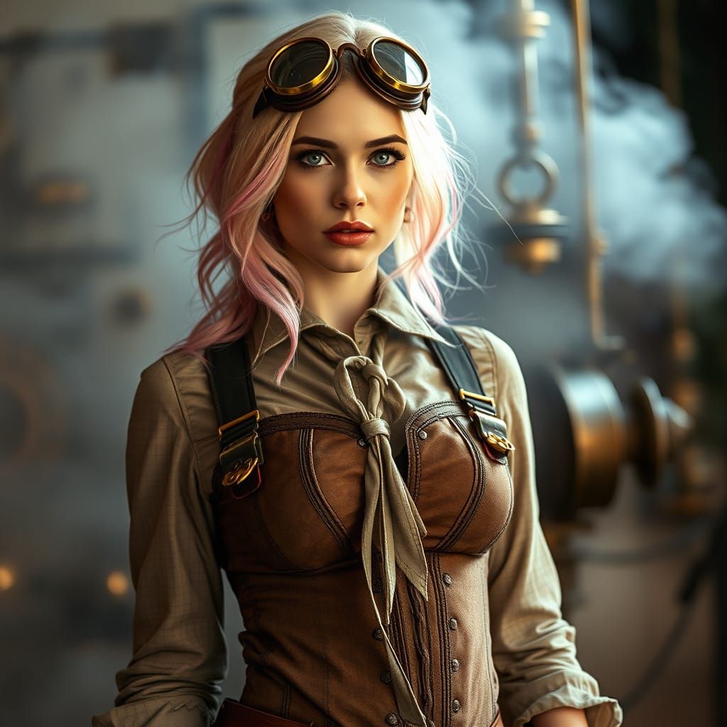 Pin-Up Woman in Steampunk Outfit with Pink Hair