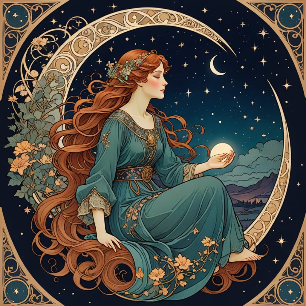Art Nouveau Woman on Moon in Starry Sky