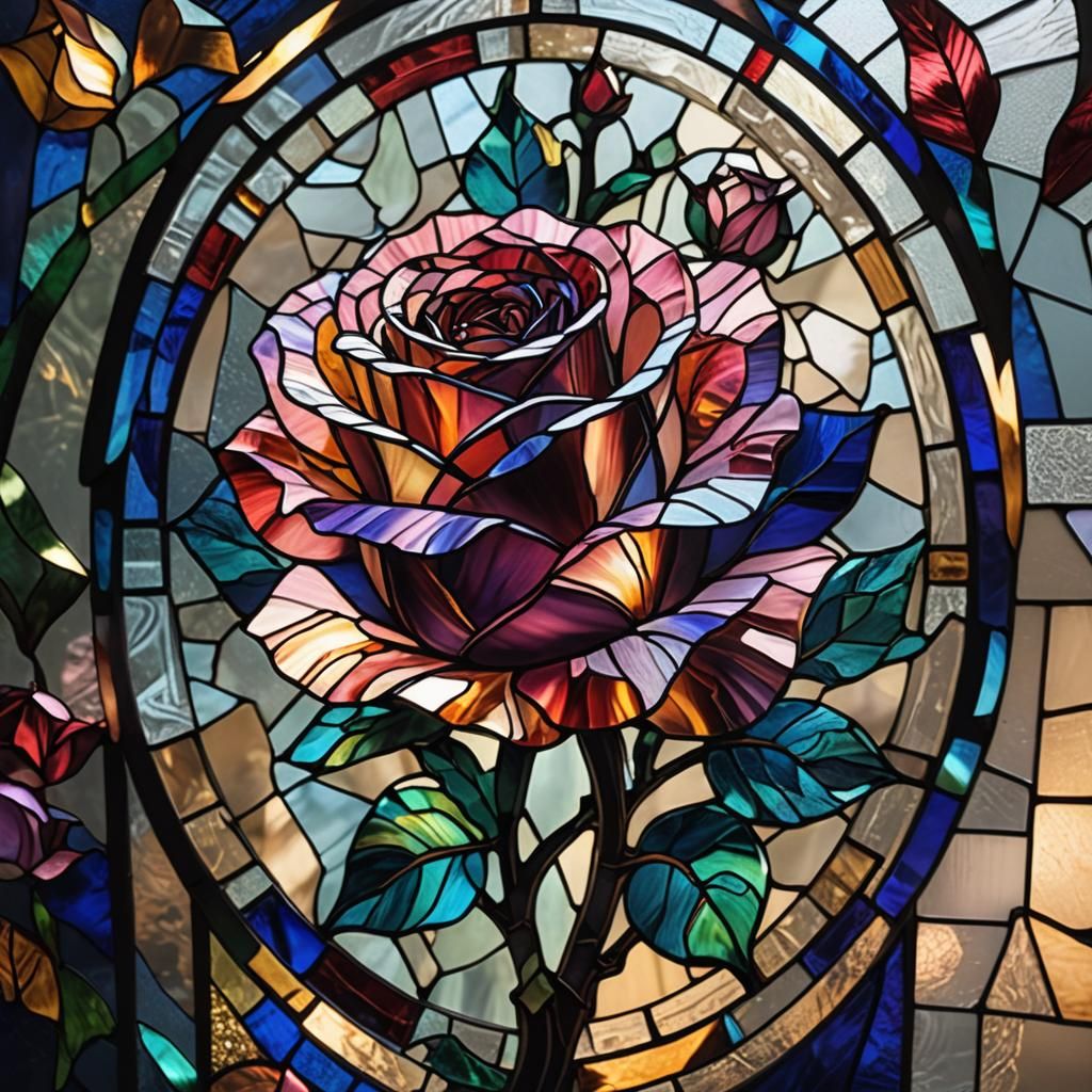 Colorful Rose in Hyperrealistic Stained Glass Art