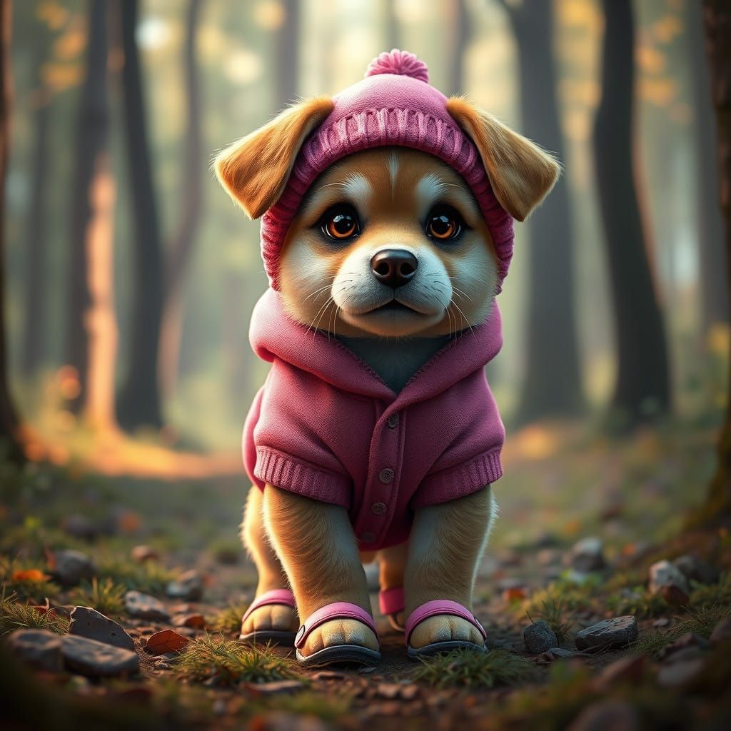 Fantastical Forest Puppy in Vibrant Warm Attire