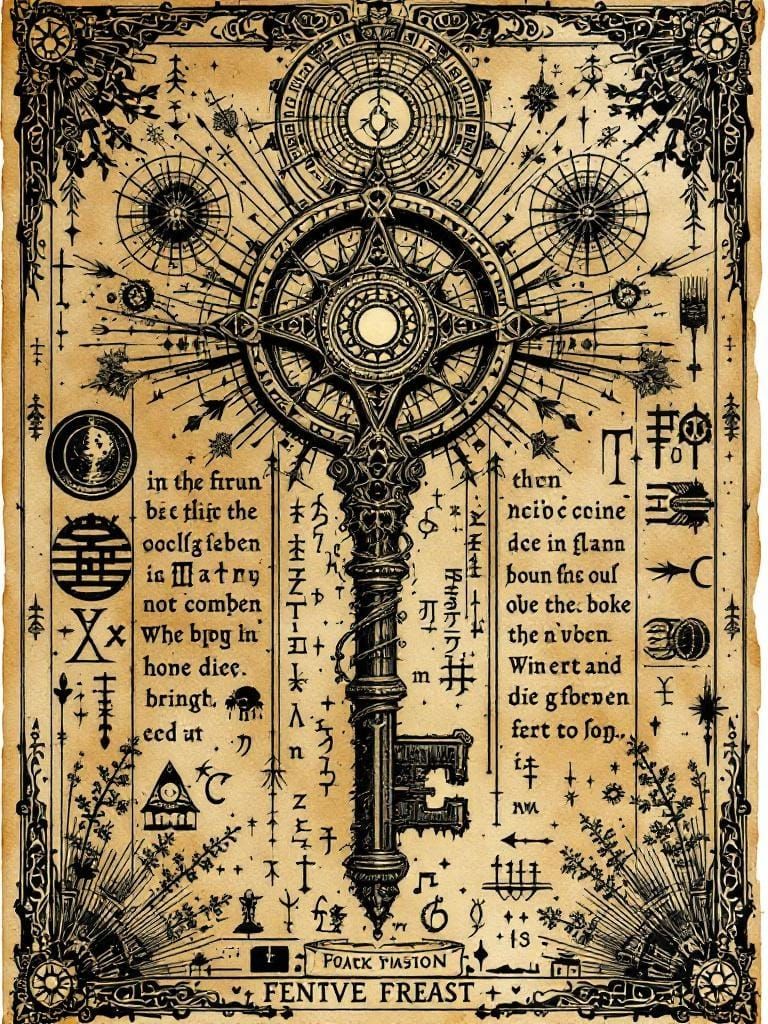 Mystical Key Drawing with Runes on Parchment