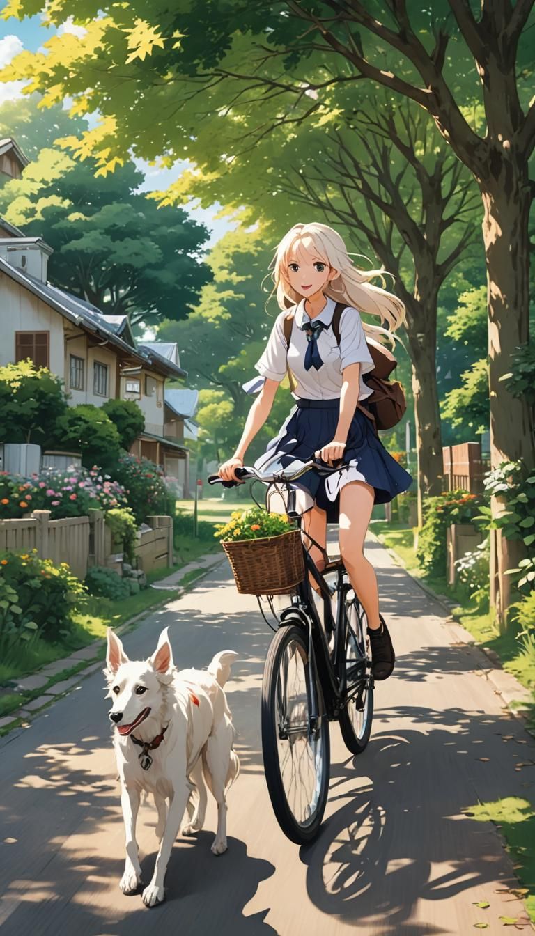 School Girl and Saluki Dog: Anime-Style Rural Scene