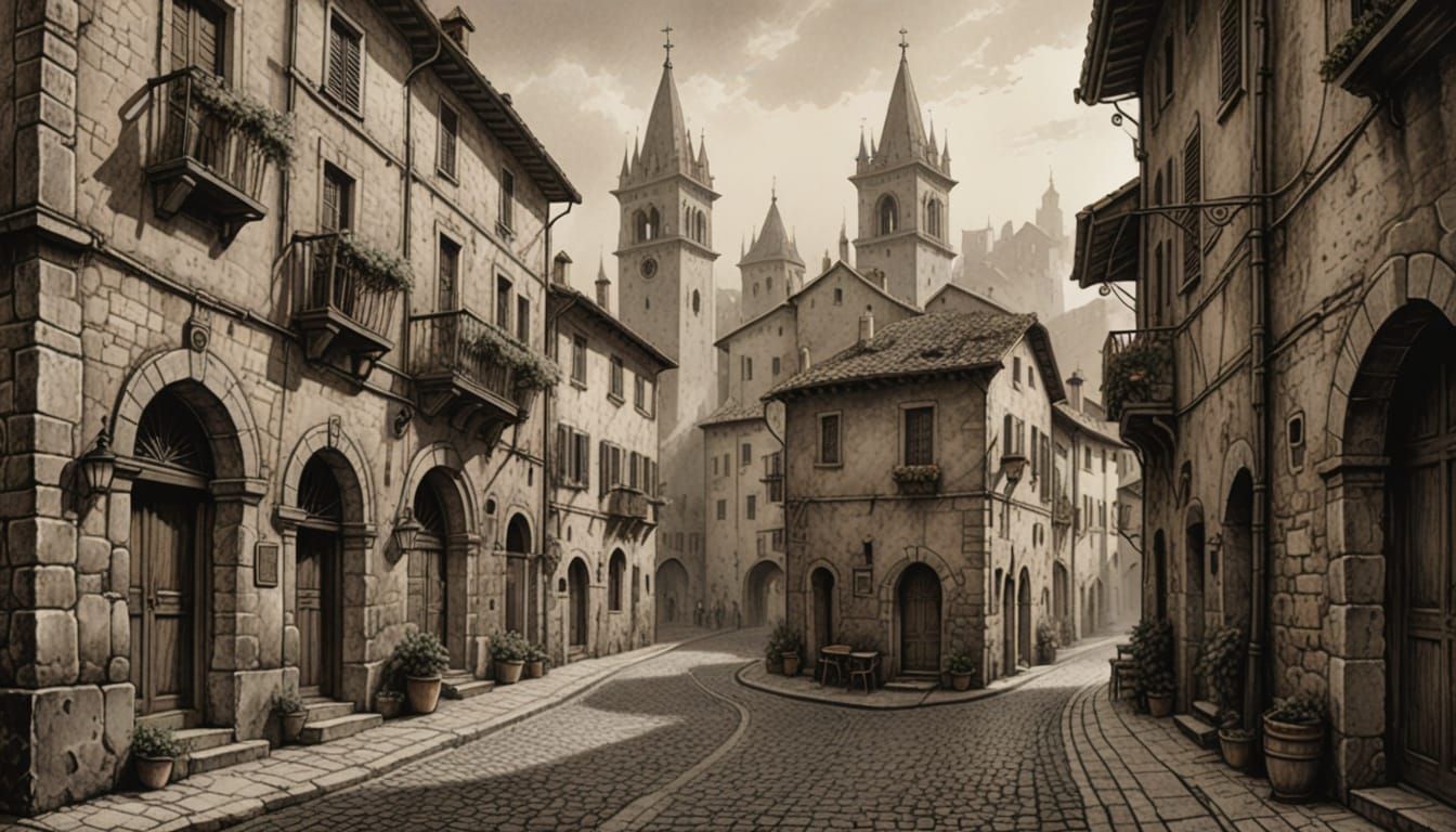 Medieval Italian City Street Pencil Sketch
