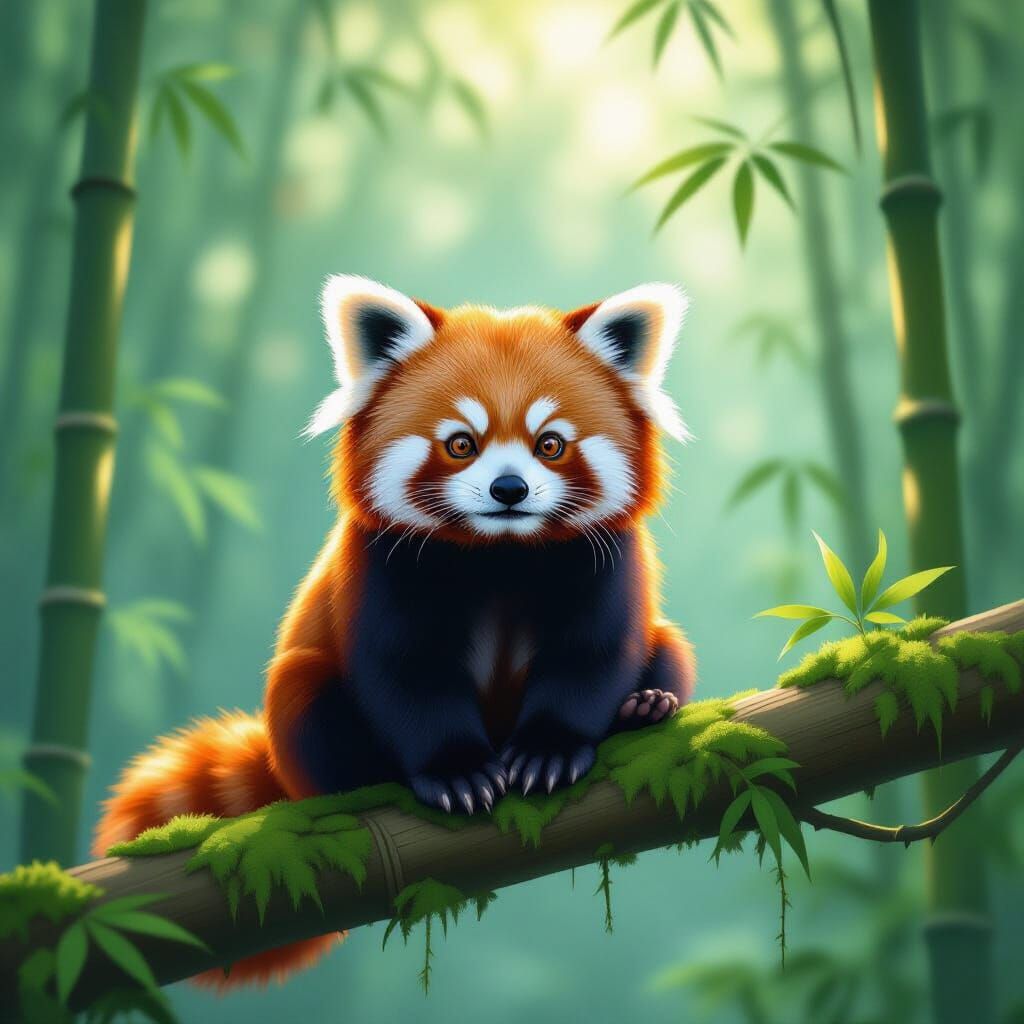 Adorable Red Panda in Misty Bamboo Forest